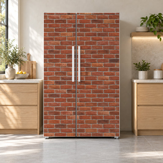 Red Brick Wall fridge wrap on a side-by-side refrigerator