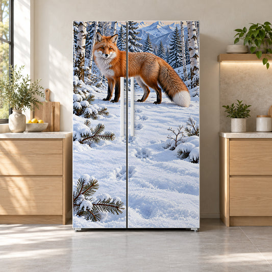 Red Fox in Snow fridge wrap on a side-by-side refrigerator