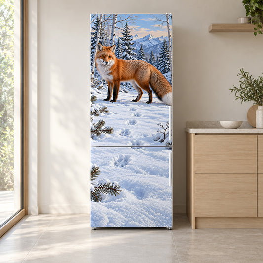 Red Fox in Snow fridge wrap on a white refrigerator in a bright kitchen