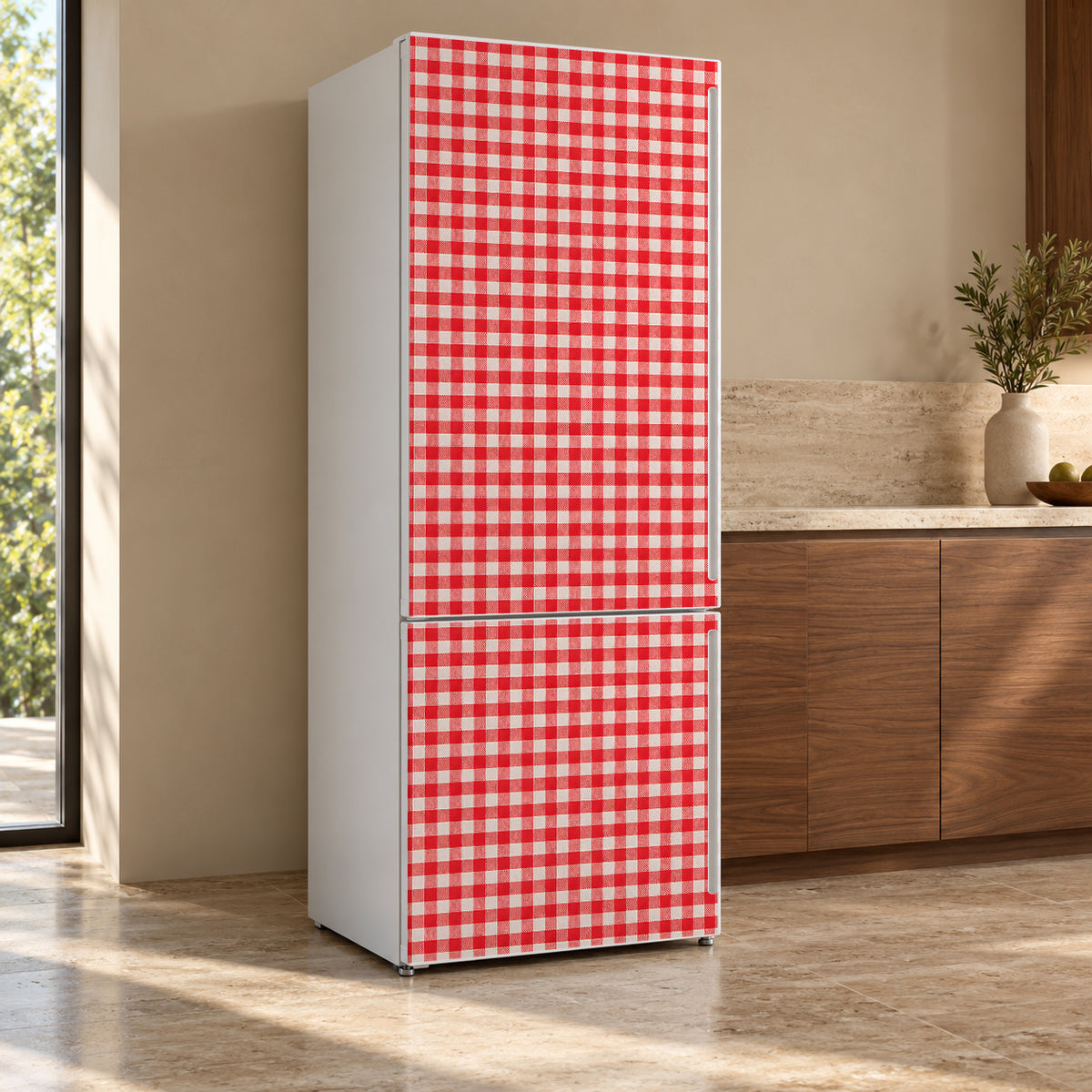 Red Gingham fridge wrap, refrigerator shown at an angle