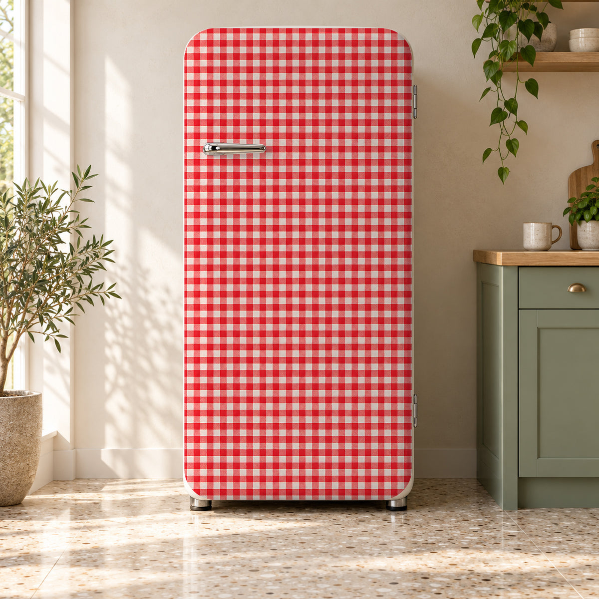 Red Gingham fridge wrap on a retro refrigerator