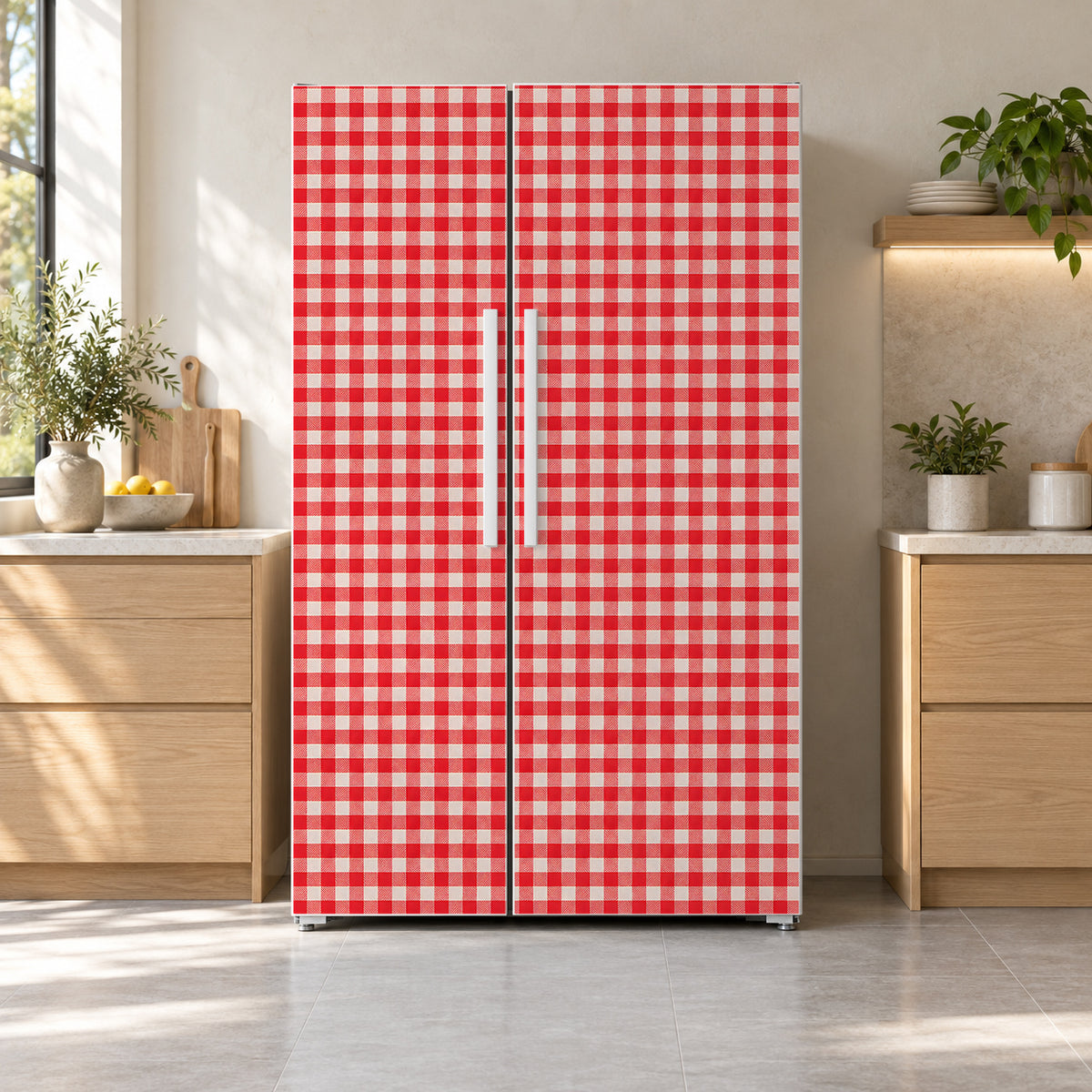 Red Gingham fridge wrap on a side-by-side refrigerator