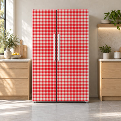 Red Gingham fridge wrap on a side-by-side refrigerator