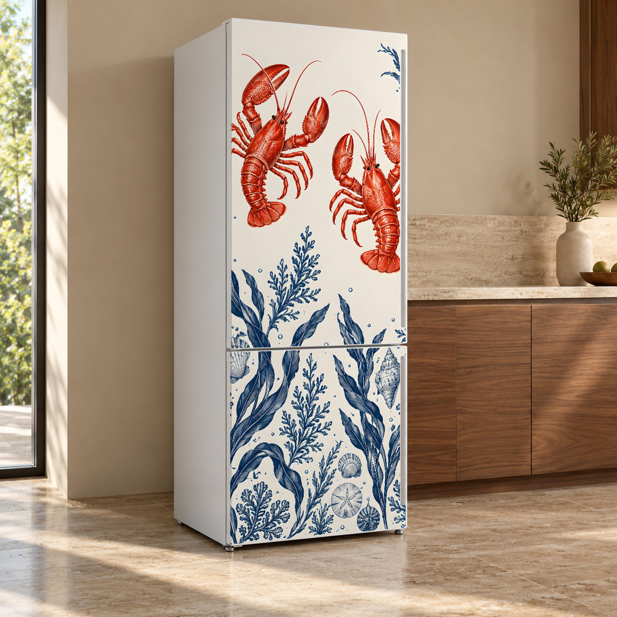 Red Lobsters fridge wrap, refrigerator shown at an angle