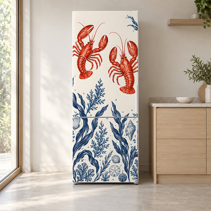 Red Lobsters fridge wrap on a white refrigerator in a bright kitchen