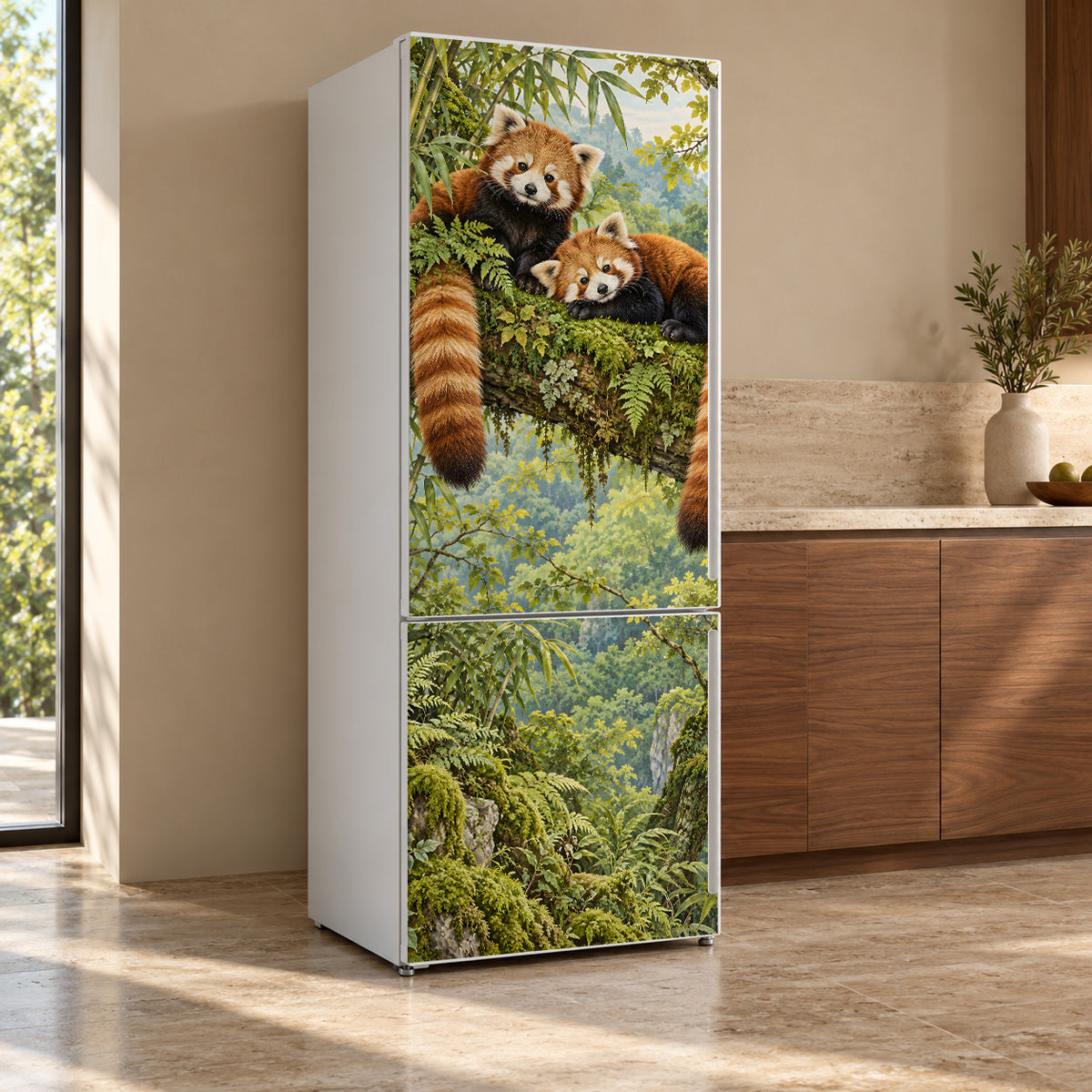 Red Pandas fridge wrap, refrigerator shown at an angle