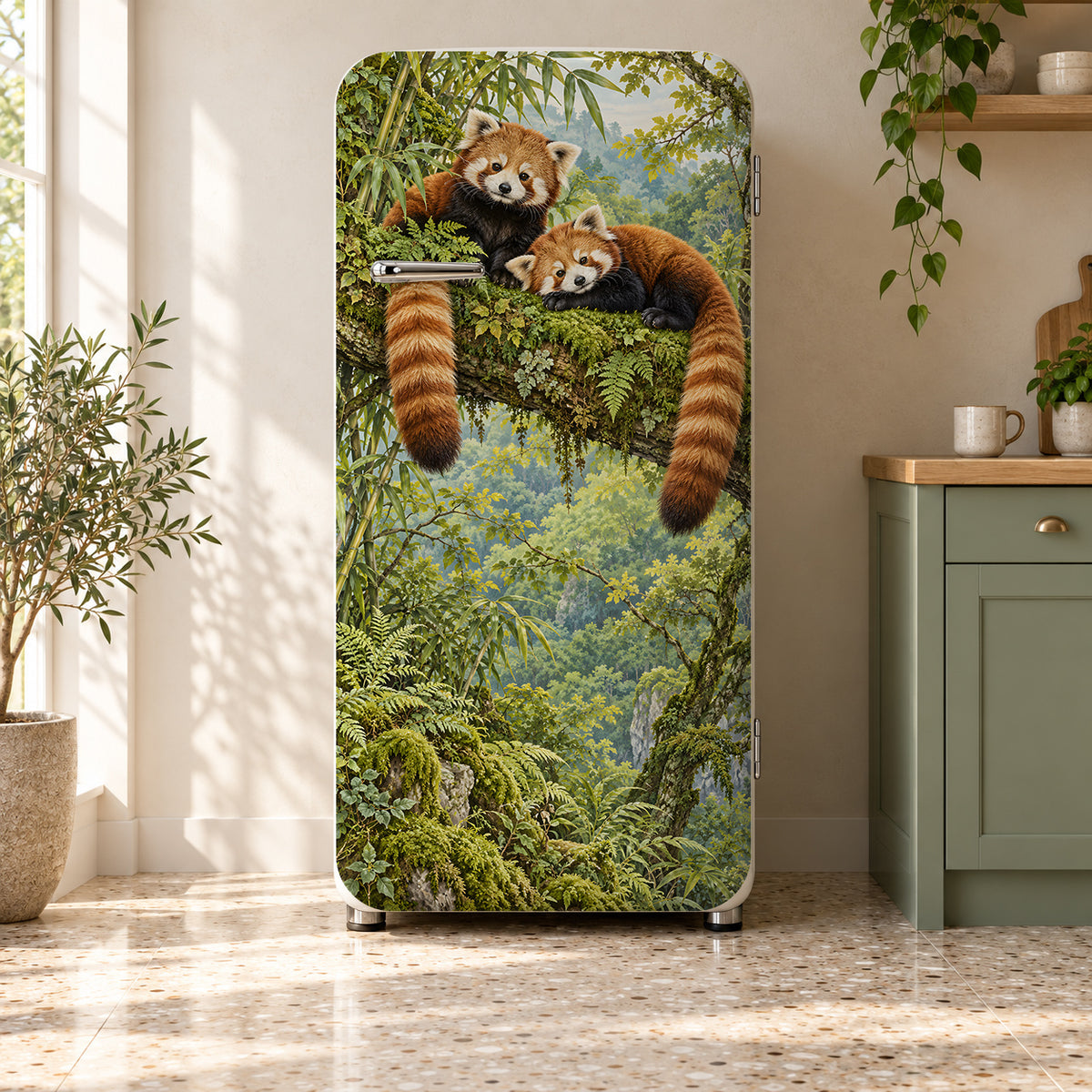 Red Pandas fridge wrap on a retro refrigerator