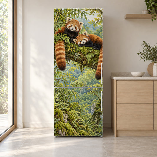 Red Pandas fridge wrap on a white refrigerator in a bright kitchen