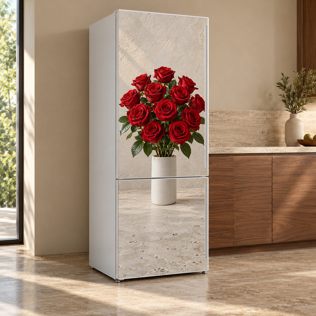 Red Rose Bouquet fridge wrap, refrigerator shown at an angle
