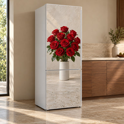 Red Rose Bouquet fridge wrap, refrigerator shown at an angle