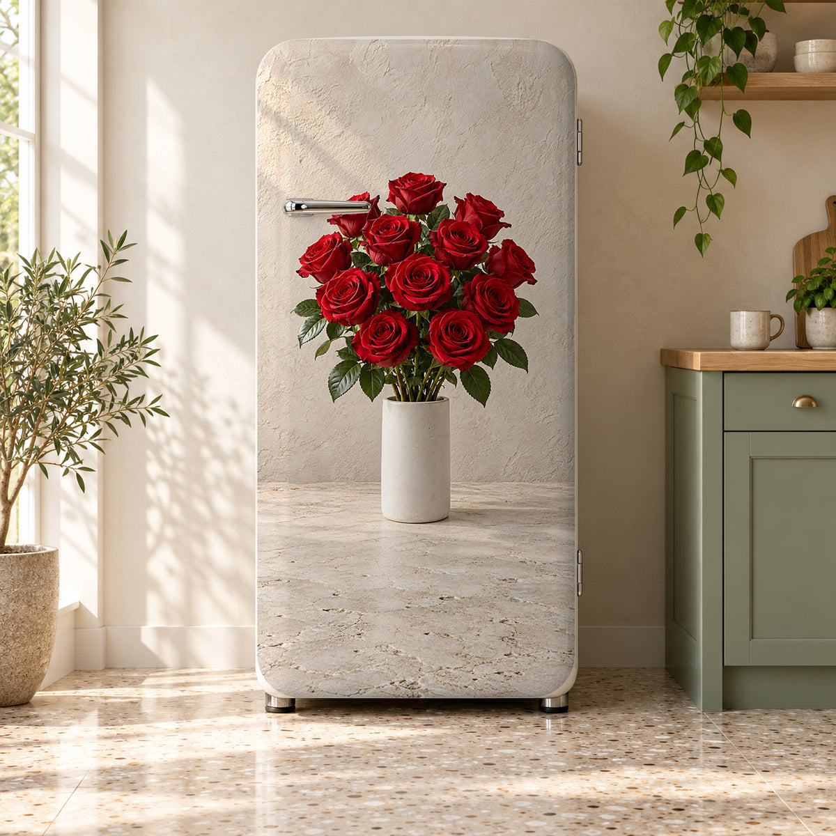 Red Rose Bouquet fridge wrap on a retro refrigerator