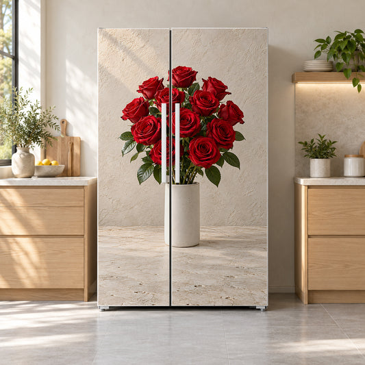 Red Rose Bouquet fridge wrap on a side-by-side refrigerator