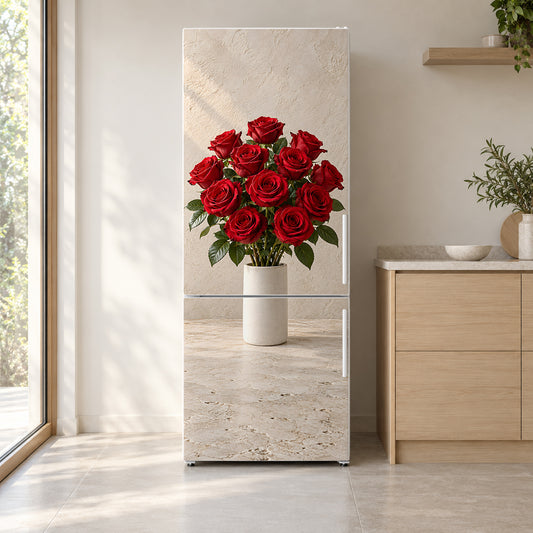 Red Rose Bouquet fridge wrap on a white refrigerator in a bright kitchen