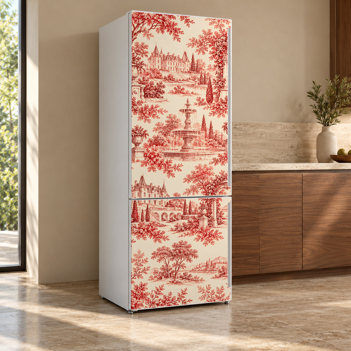 Red Toile de Jouy fridge wrap, refrigerator shown at an angle