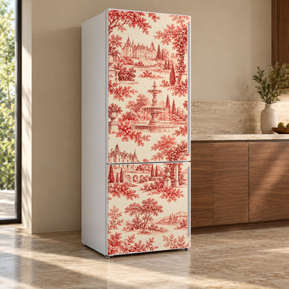 Red Toile de Jouy fridge wrap, refrigerator shown at an angle