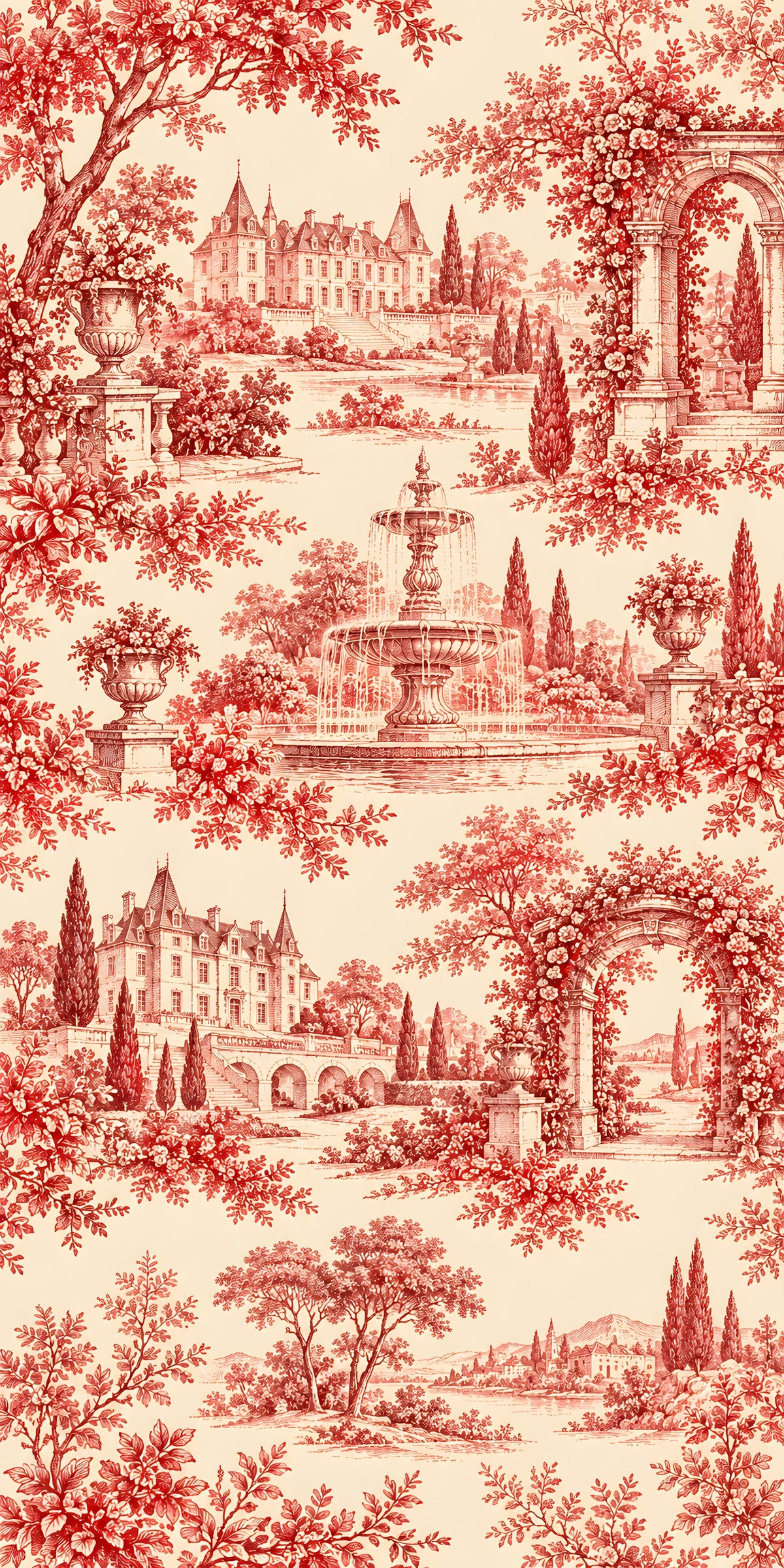 Red Toile de Jouy fridge wrap full design