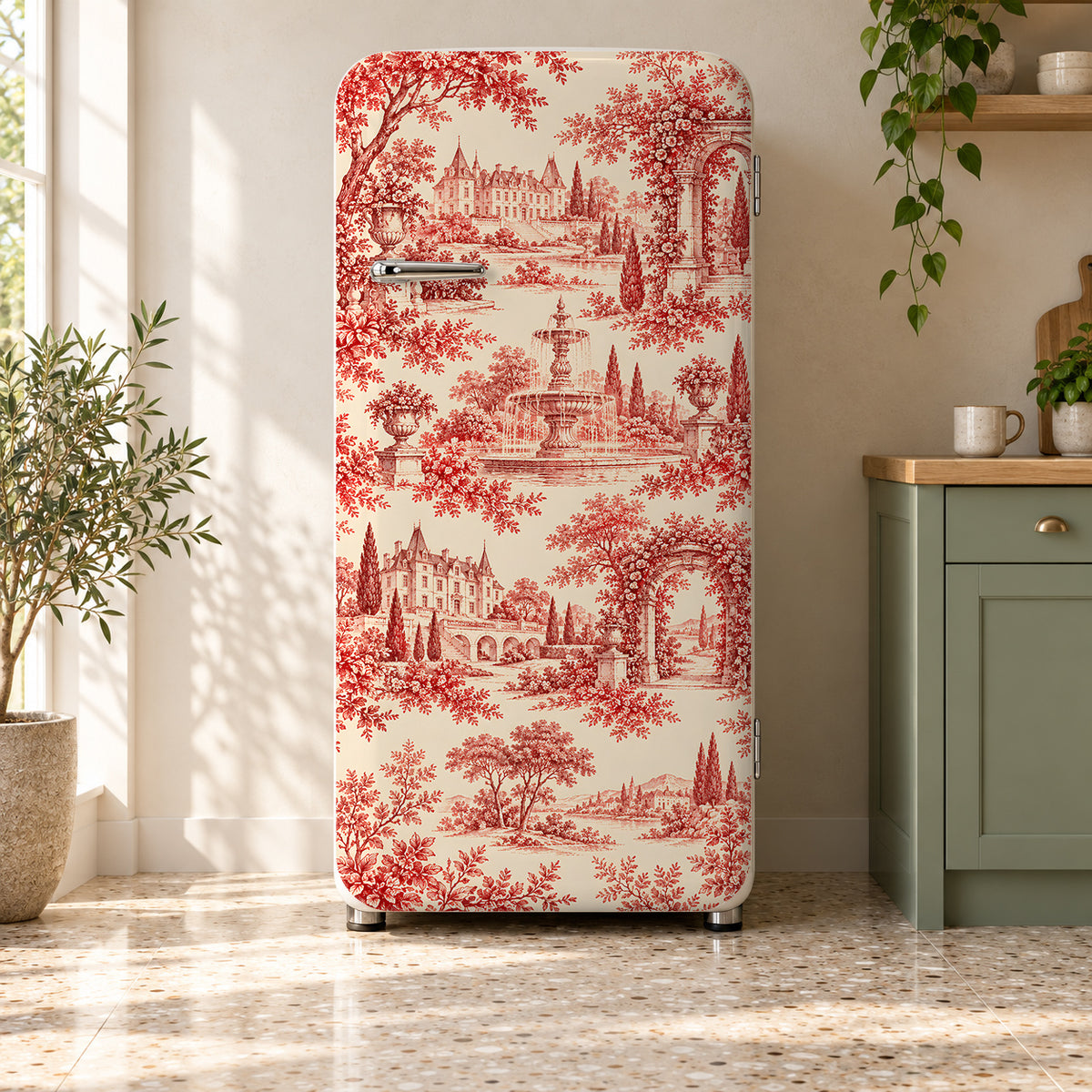 Red Toile de Jouy fridge wrap on a retro refrigerator