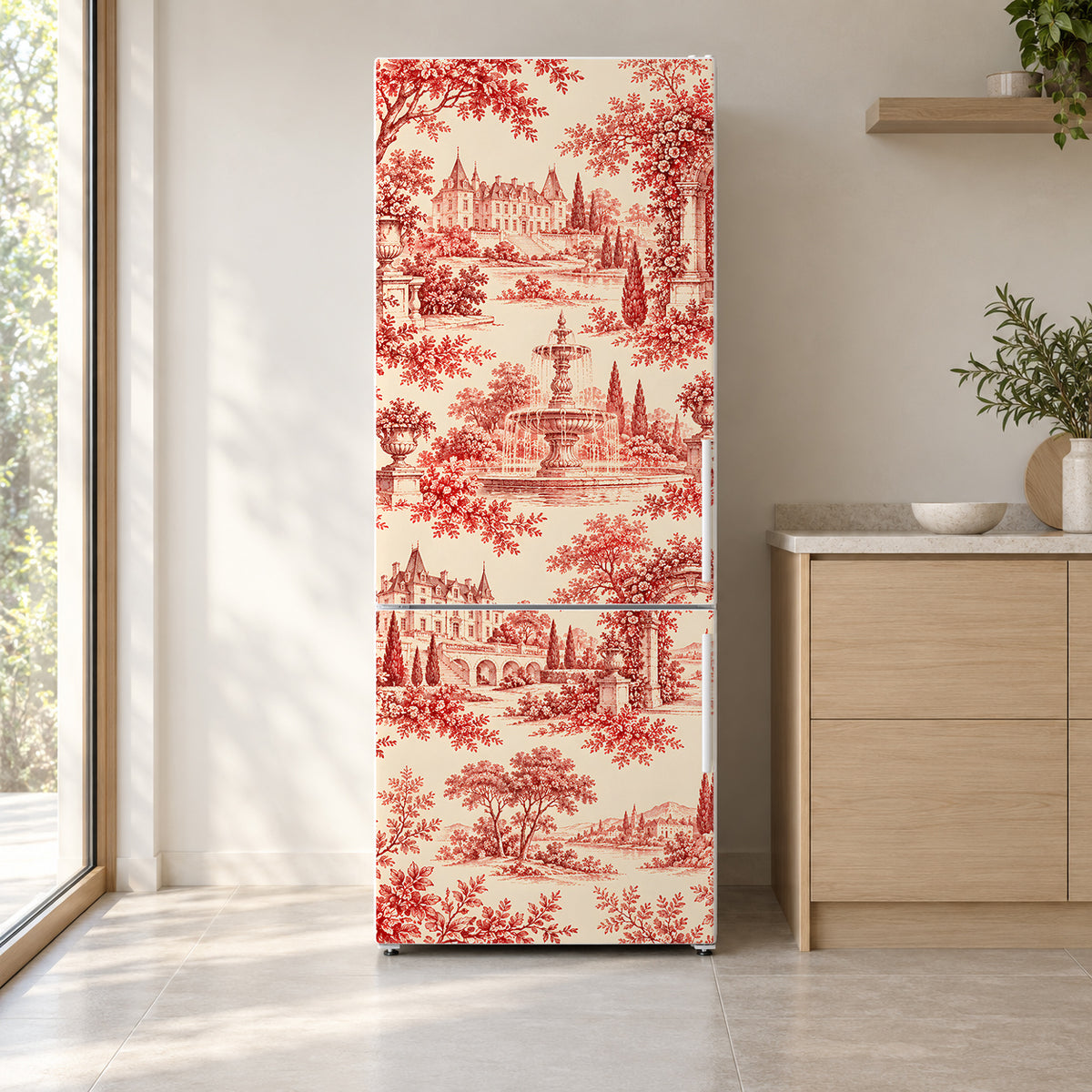 Red Toile de Jouy fridge wrap on a white refrigerator in a bright kitchen