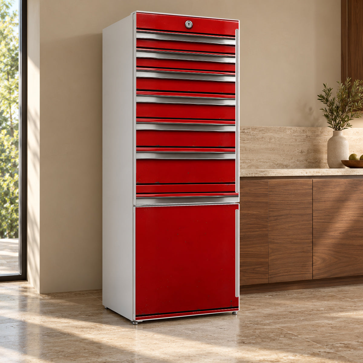 Red Tool Chest fridge wrap, refrigerator shown at an angle
