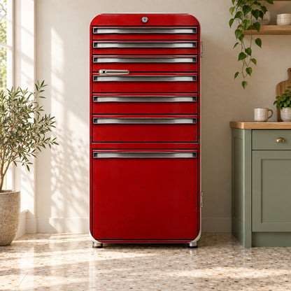 Red Tool Chest fridge wrap on a retro refrigerator