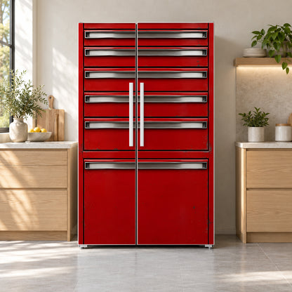 Red Tool Chest fridge wrap on a side-by-side refrigerator