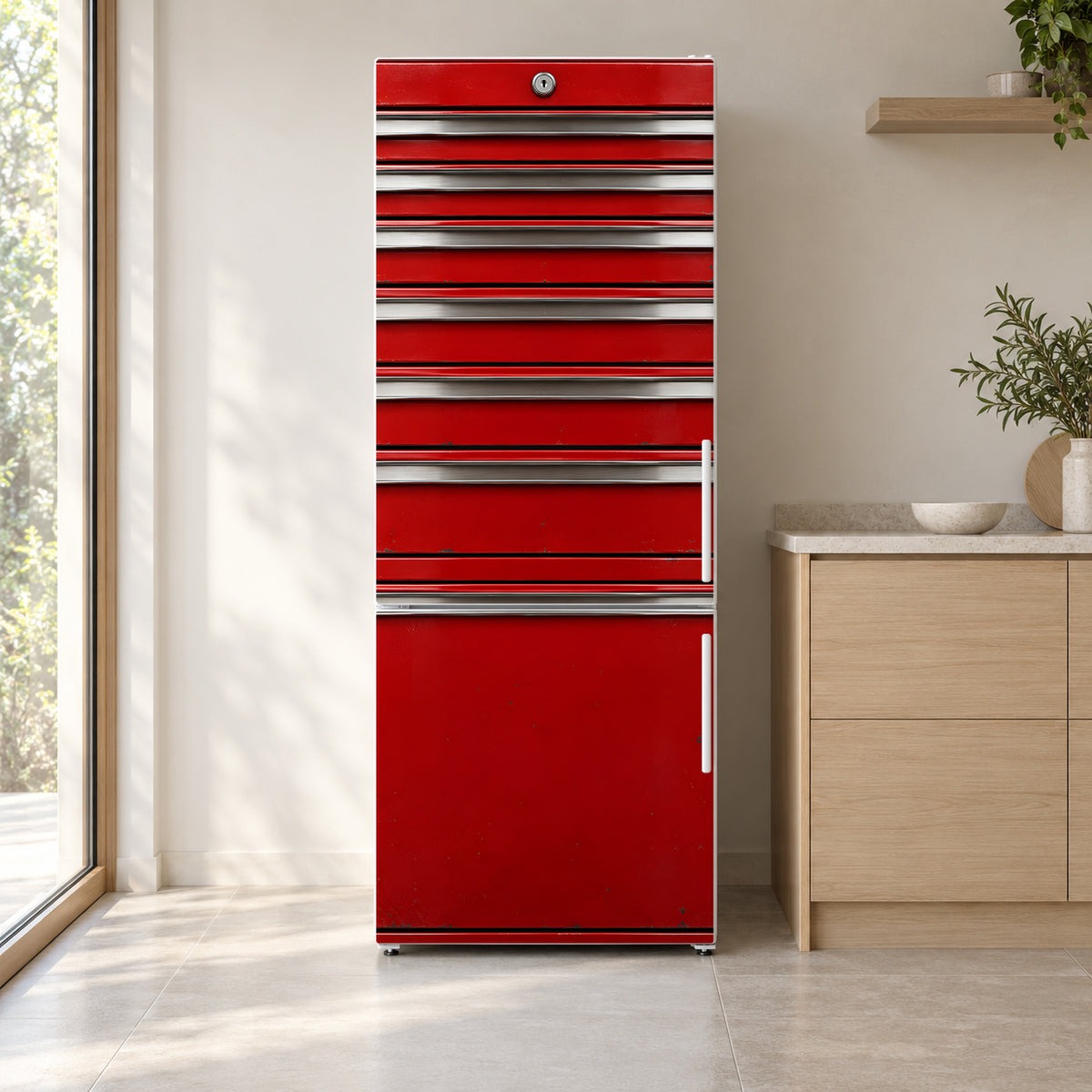 Red Tool Chest fridge wrap on a white refrigerator in a bright kitchen