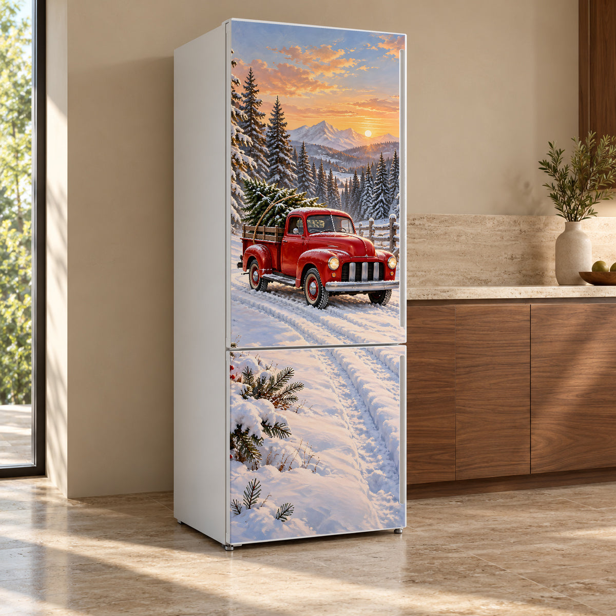 Red Truck & Christmas Tree fridge wrap, refrigerator shown at an angle