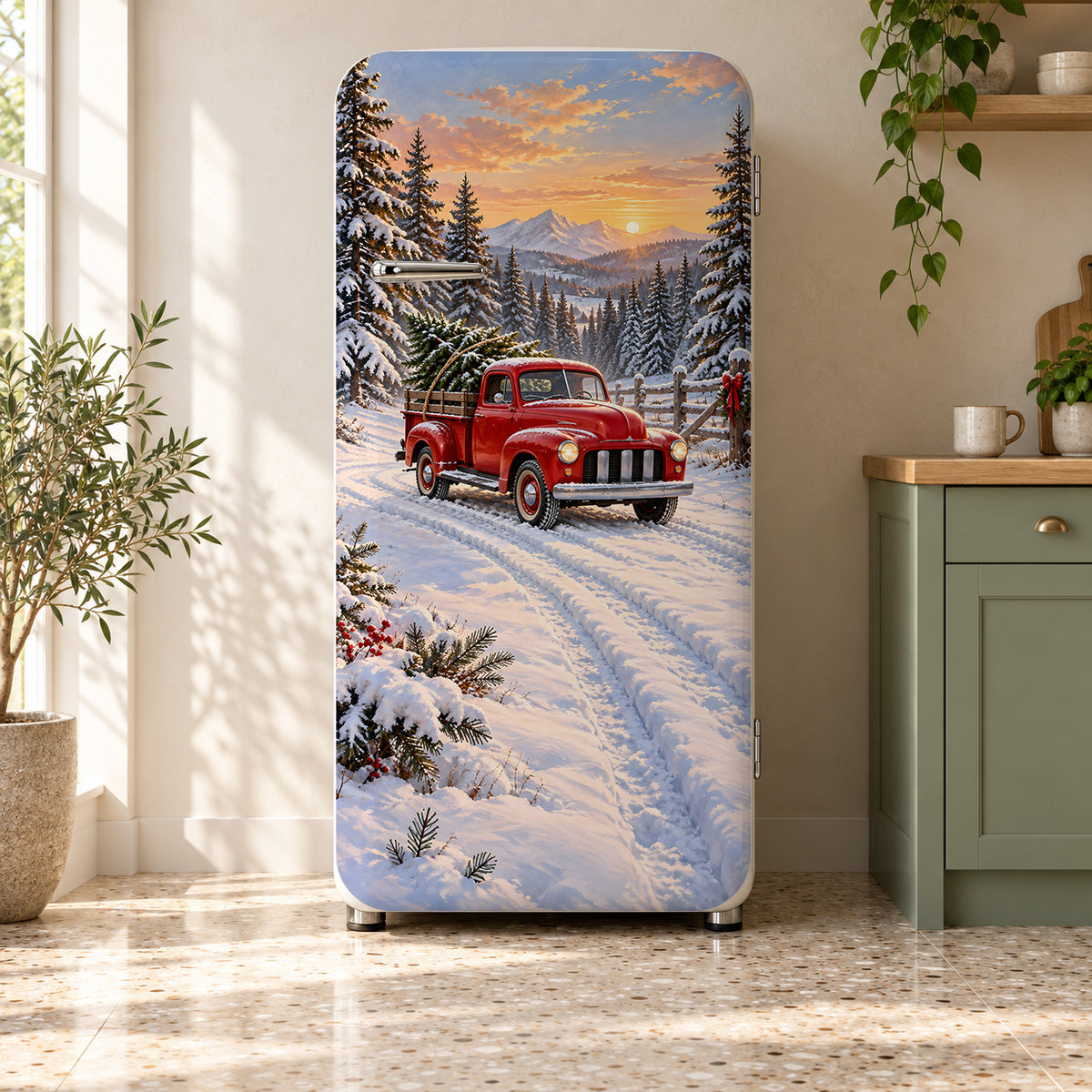 Red Truck & Christmas Tree fridge wrap on a retro refrigerator
