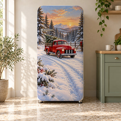 Red Truck & Christmas Tree fridge wrap on a retro refrigerator