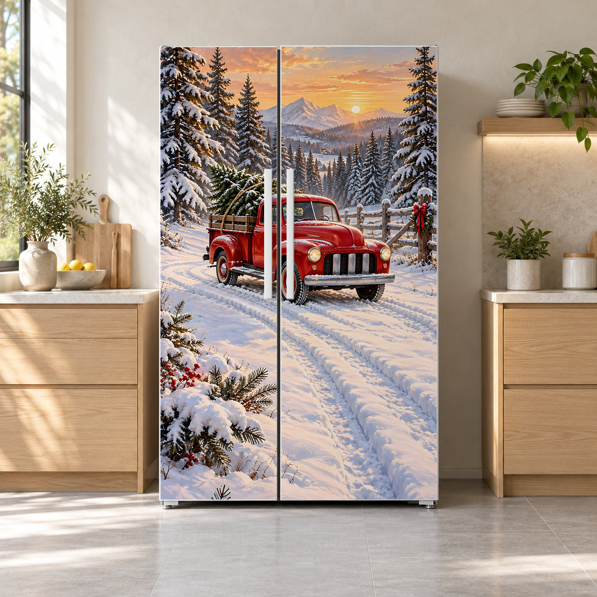 Red Truck & Christmas Tree fridge wrap on a side-by-side refrigerator