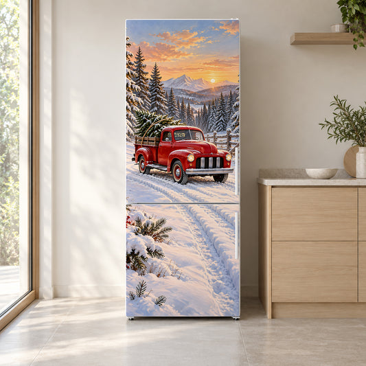 Red Truck & Christmas Tree fridge wrap on a white refrigerator in a bright kitchen