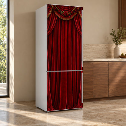 Red Velvet Theater Curtain fridge wrap, refrigerator shown at an angle