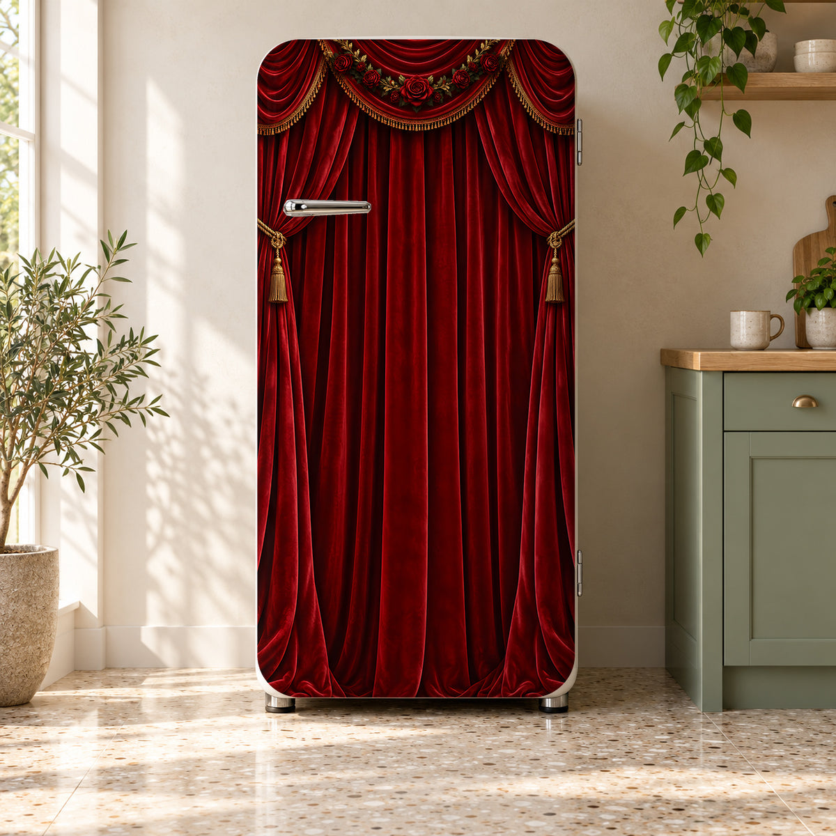 Red Velvet Theater Curtain fridge wrap on a retro refrigerator