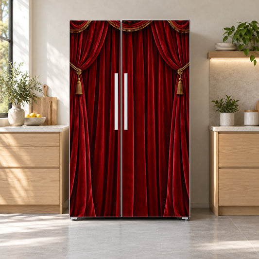 Red Velvet Theater Curtain fridge wrap on a side-by-side refrigerator