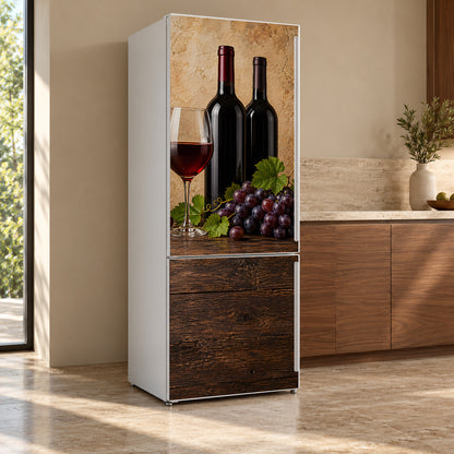 Red Wine & Grapes fridge wrap, refrigerator shown at an angle