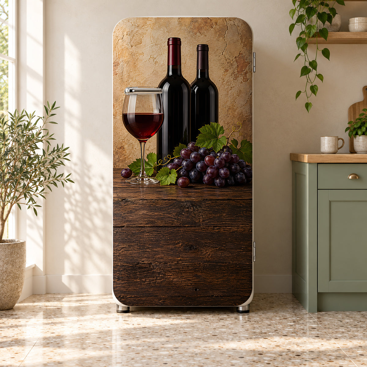 Red Wine & Grapes fridge wrap on a retro refrigerator