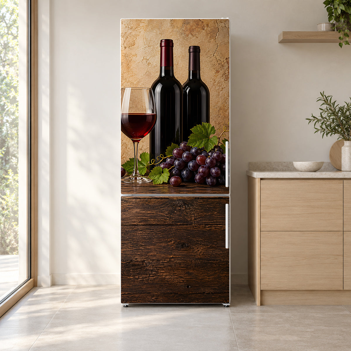 Red Wine & Grapes fridge wrap on a white refrigerator in a bright kitchen
