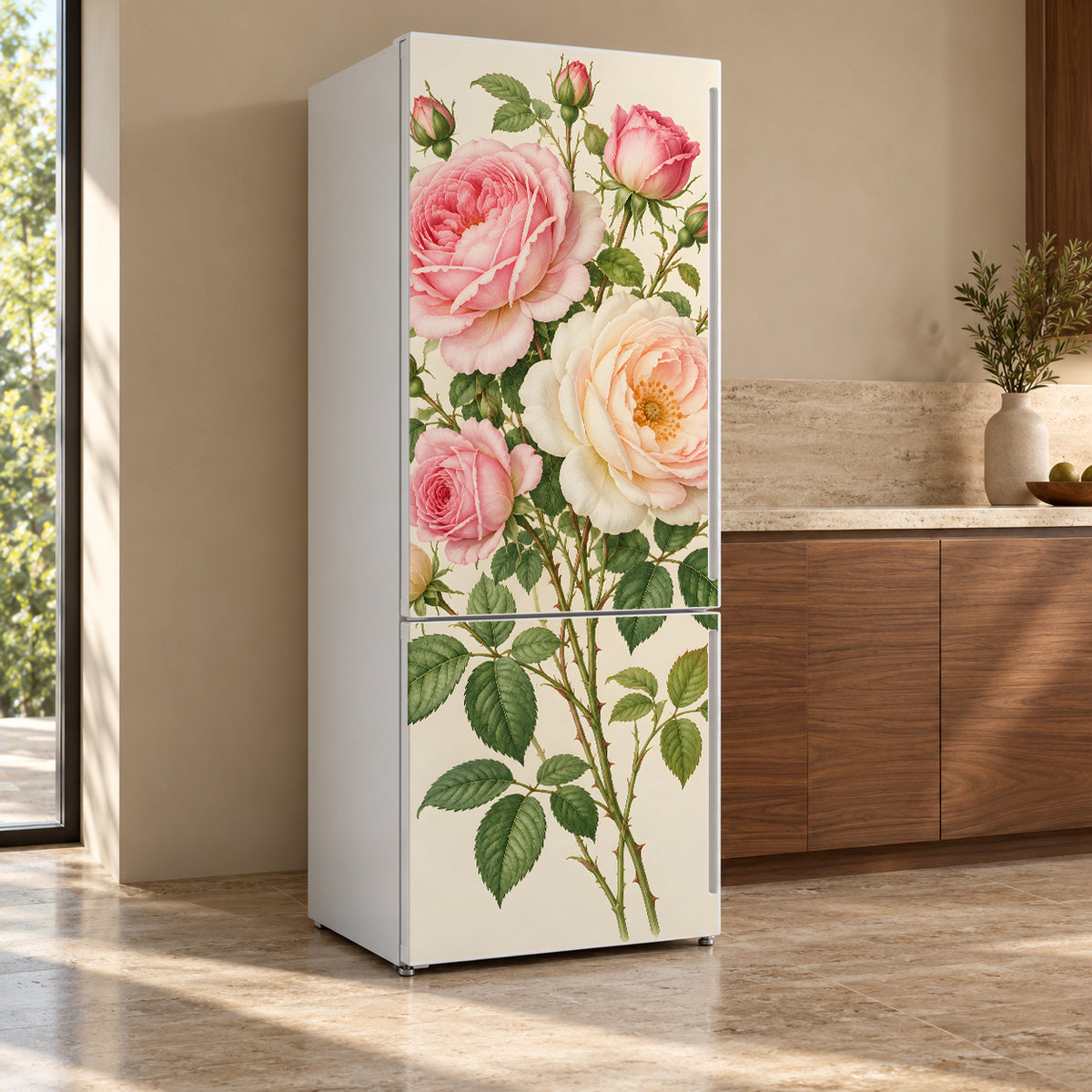 Redouté-Inspired Roses fridge wrap, refrigerator shown at an angle