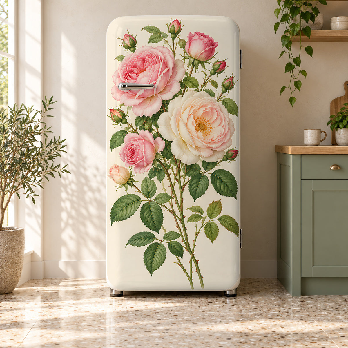 Redouté-Inspired Roses fridge wrap on a retro refrigerator
