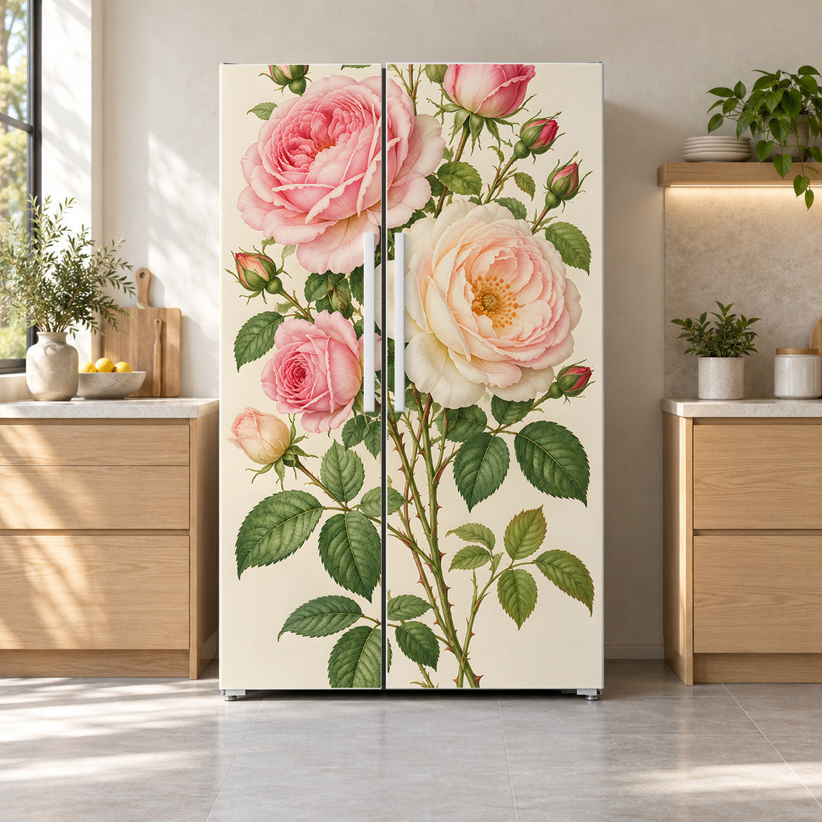 Redouté-Inspired Roses fridge wrap on a side-by-side refrigerator