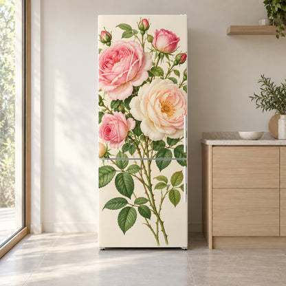 Redouté-Inspired Roses fridge wrap on a white refrigerator in a bright kitchen