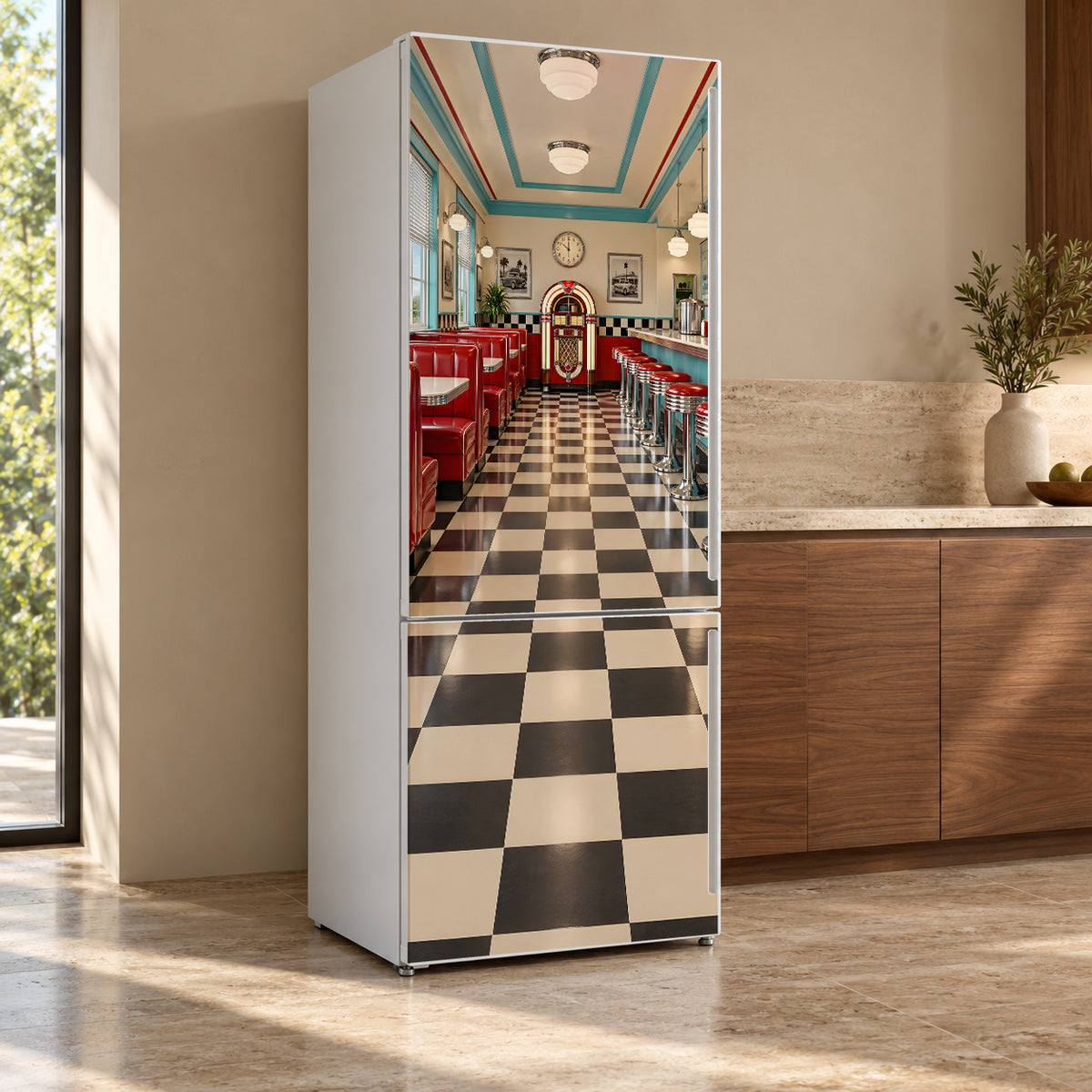 Retro 50s Diner fridge wrap, refrigerator shown at an angle