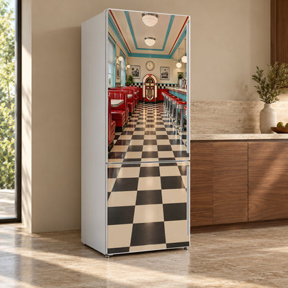 Retro 50s Diner fridge wrap, refrigerator shown at an angle