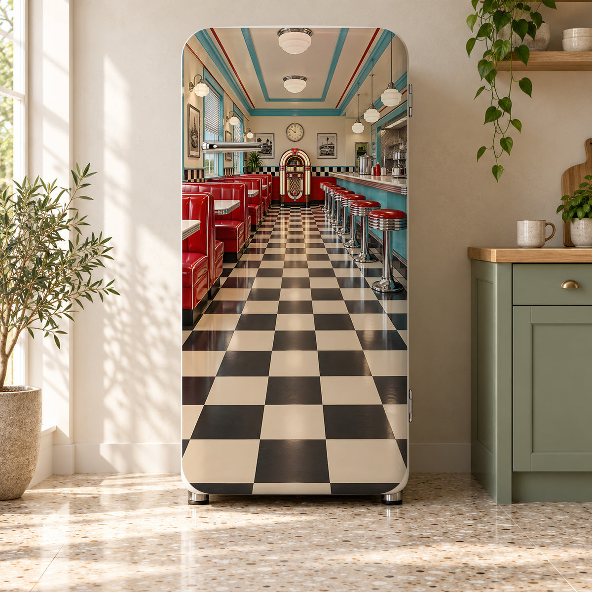 Retro 50s Diner fridge wrap on a retro refrigerator