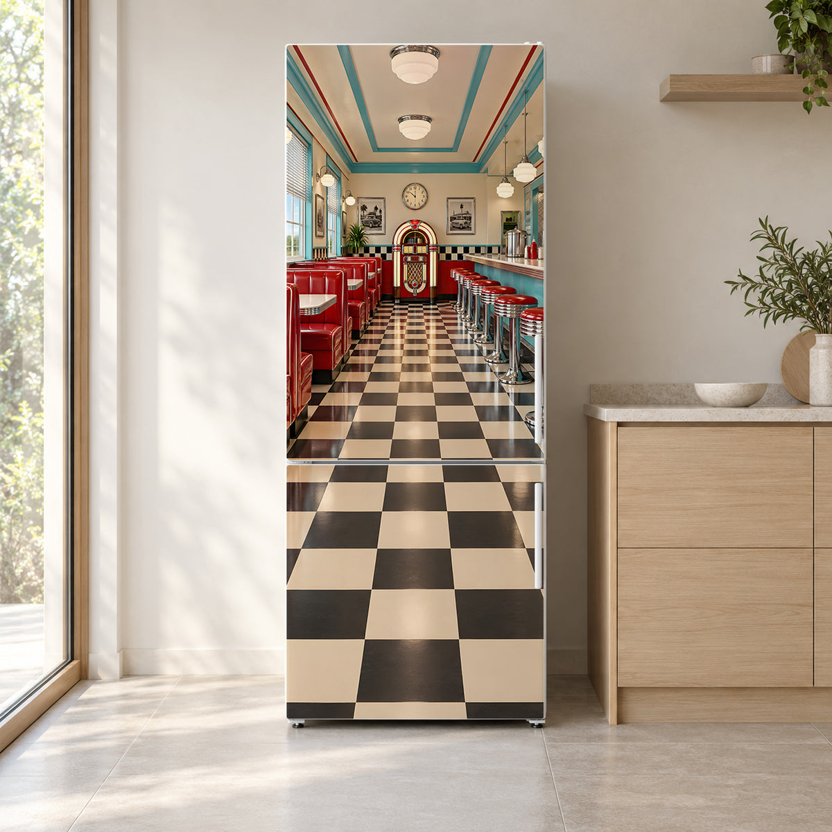 Retro 50s Diner fridge wrap on a white refrigerator in a bright kitchen