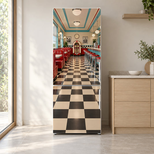 Retro 50s Diner fridge wrap on a white refrigerator in a bright kitchen
