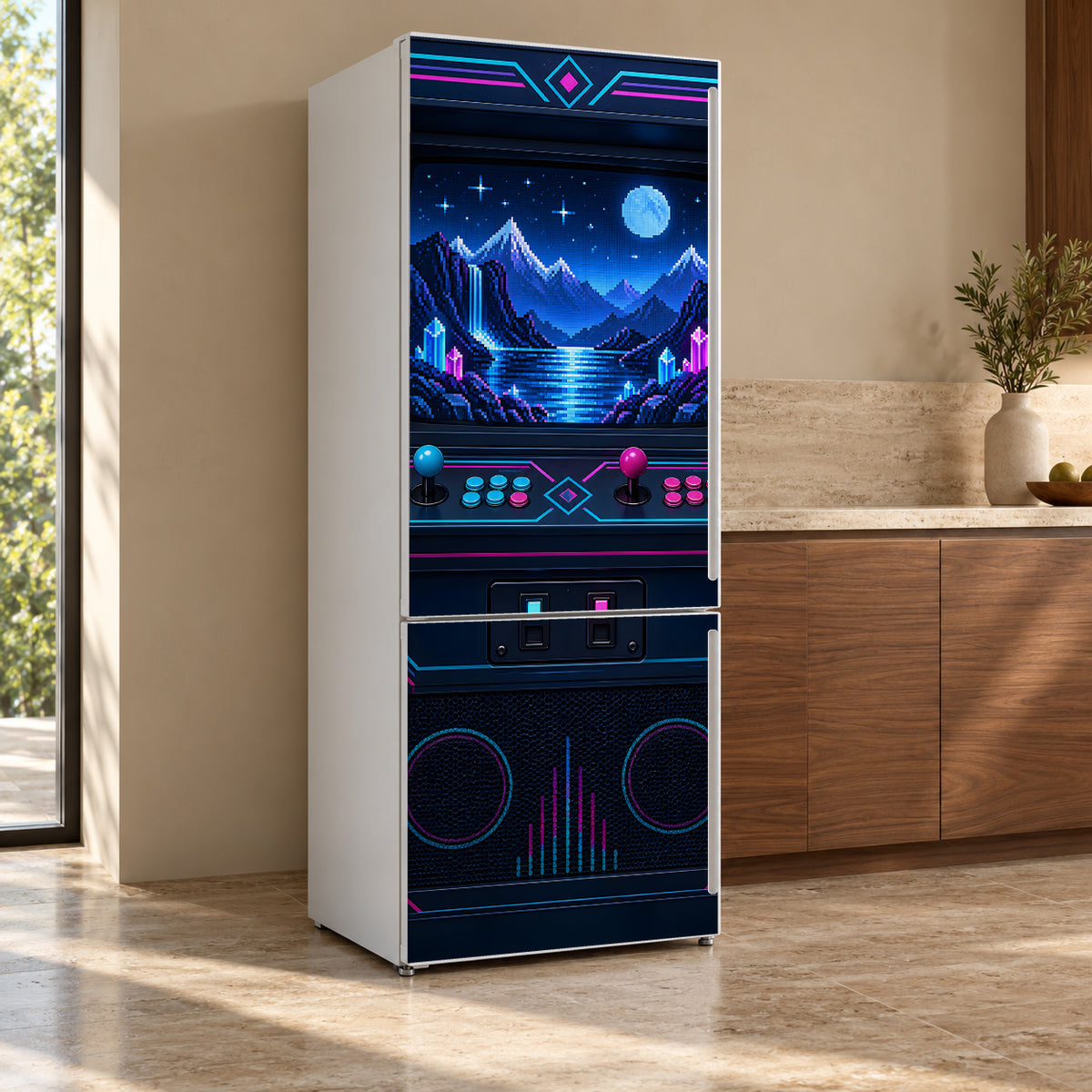 Retro Arcade Cabinet fridge wrap, refrigerator shown at an angle