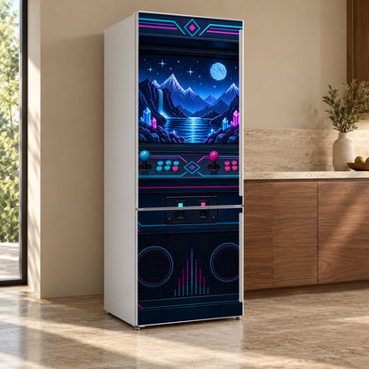 Retro Arcade Cabinet fridge wrap, refrigerator shown at an angle