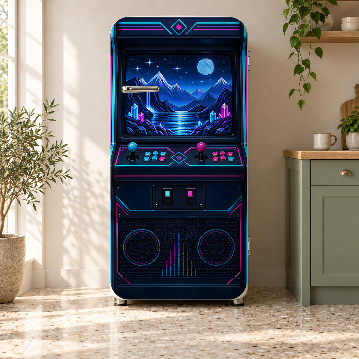 Retro Arcade Cabinet fridge wrap on a retro refrigerator