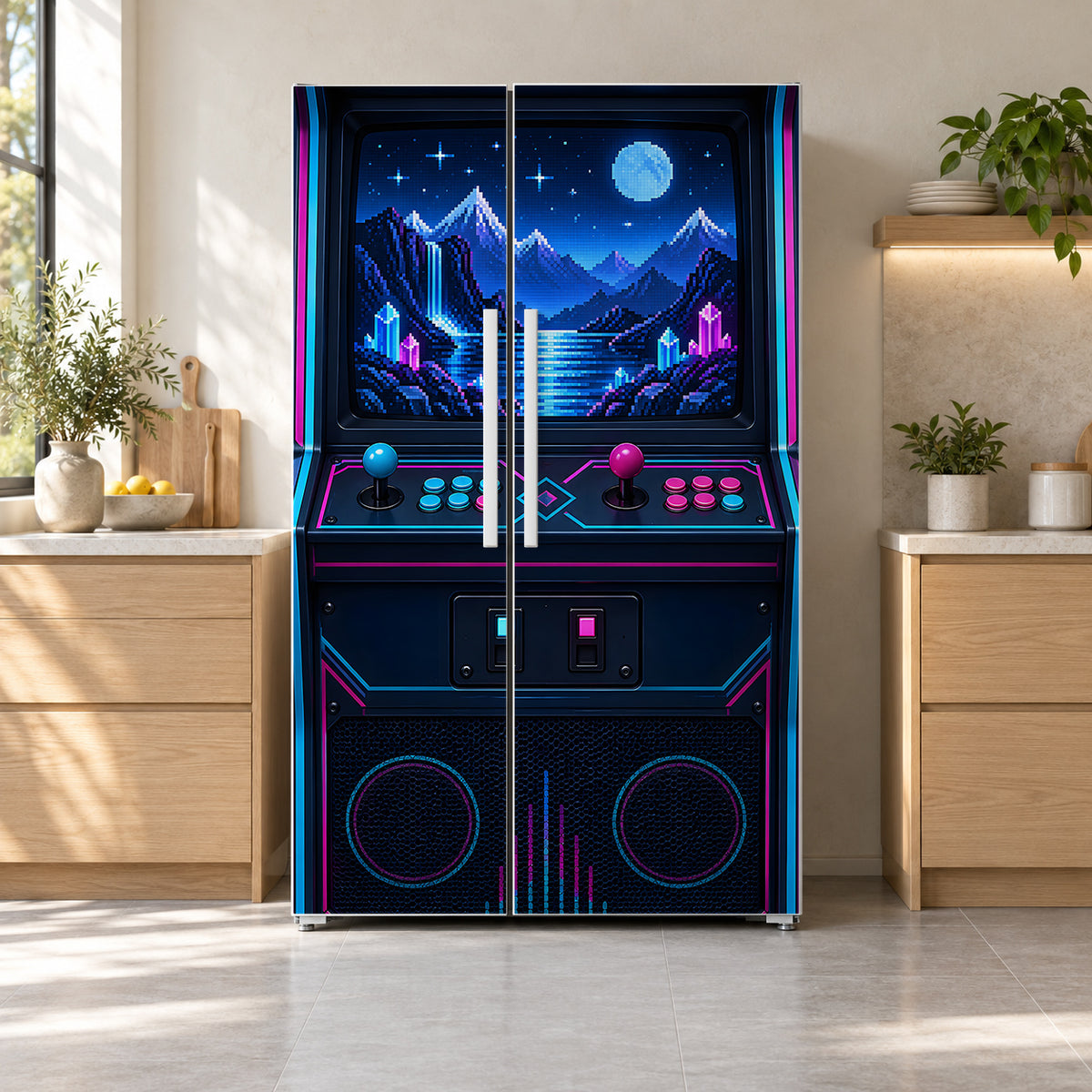 Retro Arcade Cabinet fridge wrap on a side-by-side refrigerator